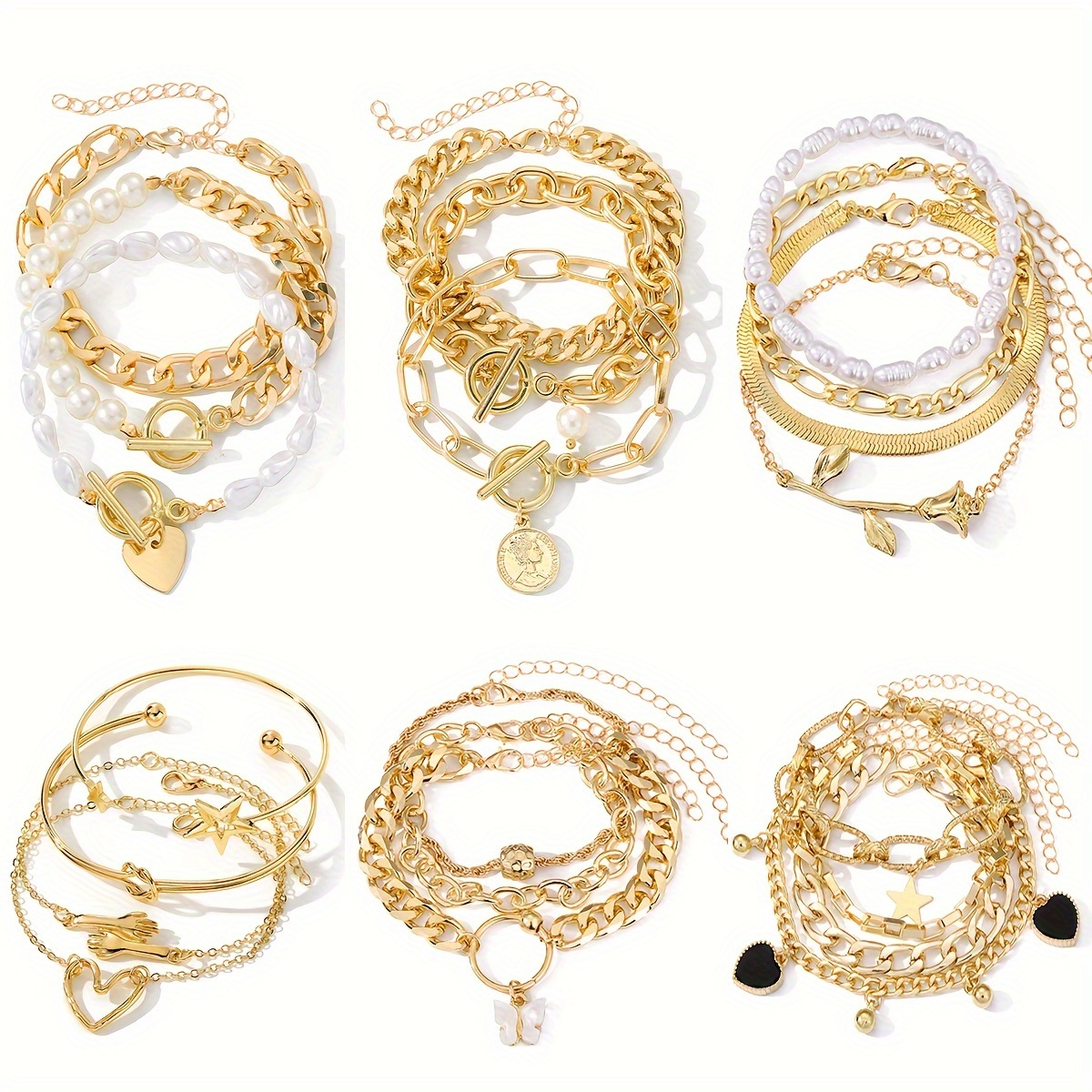 

21-piece Set, Vintage & Simple Style Goldenlayered Bracelet Combo, Fashion Faux Pearl And Cuban Link Mixed Metal, Heart & Rose Charms, Chain Bracelet & Bangle Set For Women, Jewelry Gift