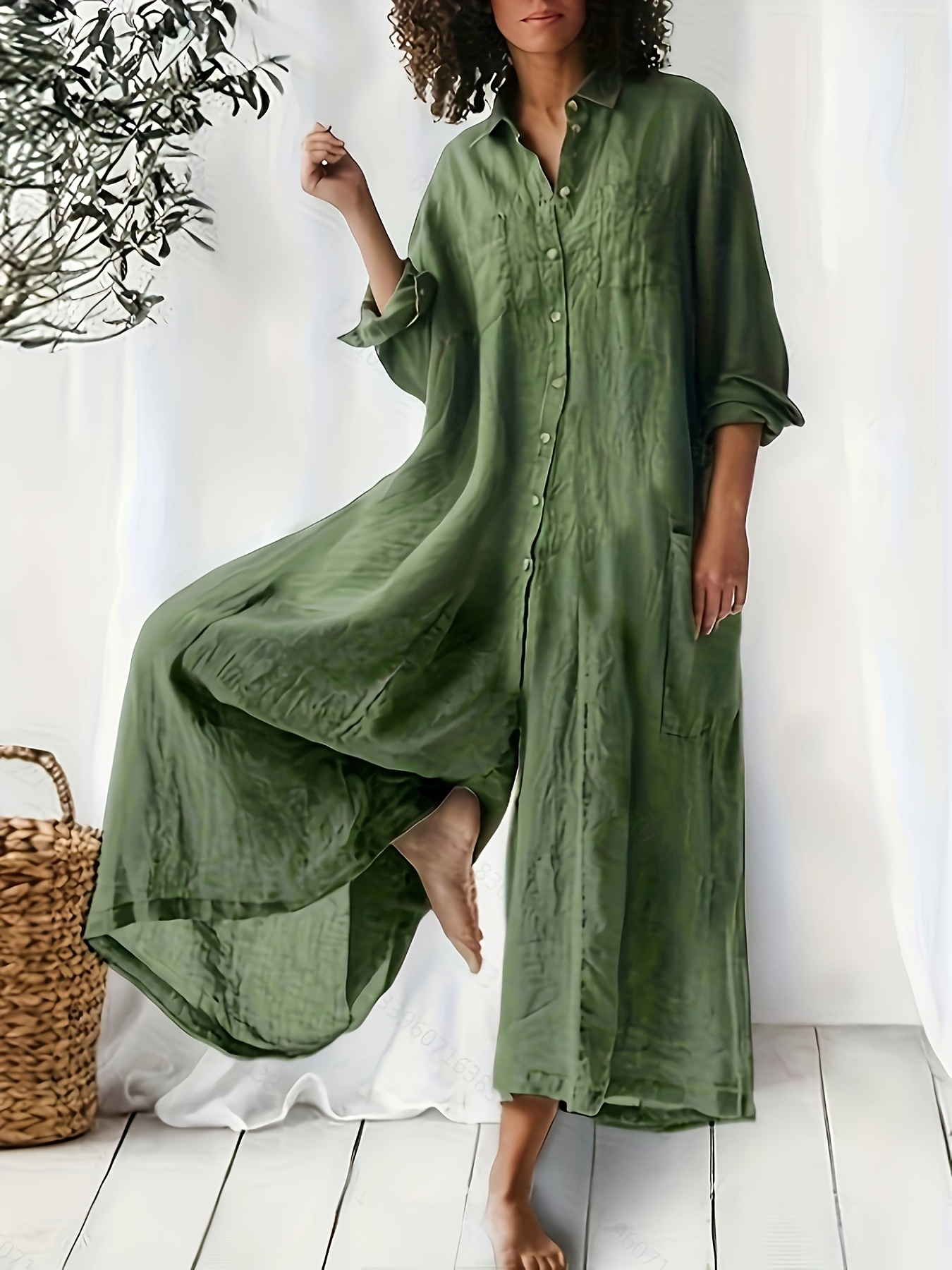 1pc womens casual midi palazzo jumpsuit solid color long sleeve loose fit cardigan collar rayon viscose woven fabric button detail   fashion green 0