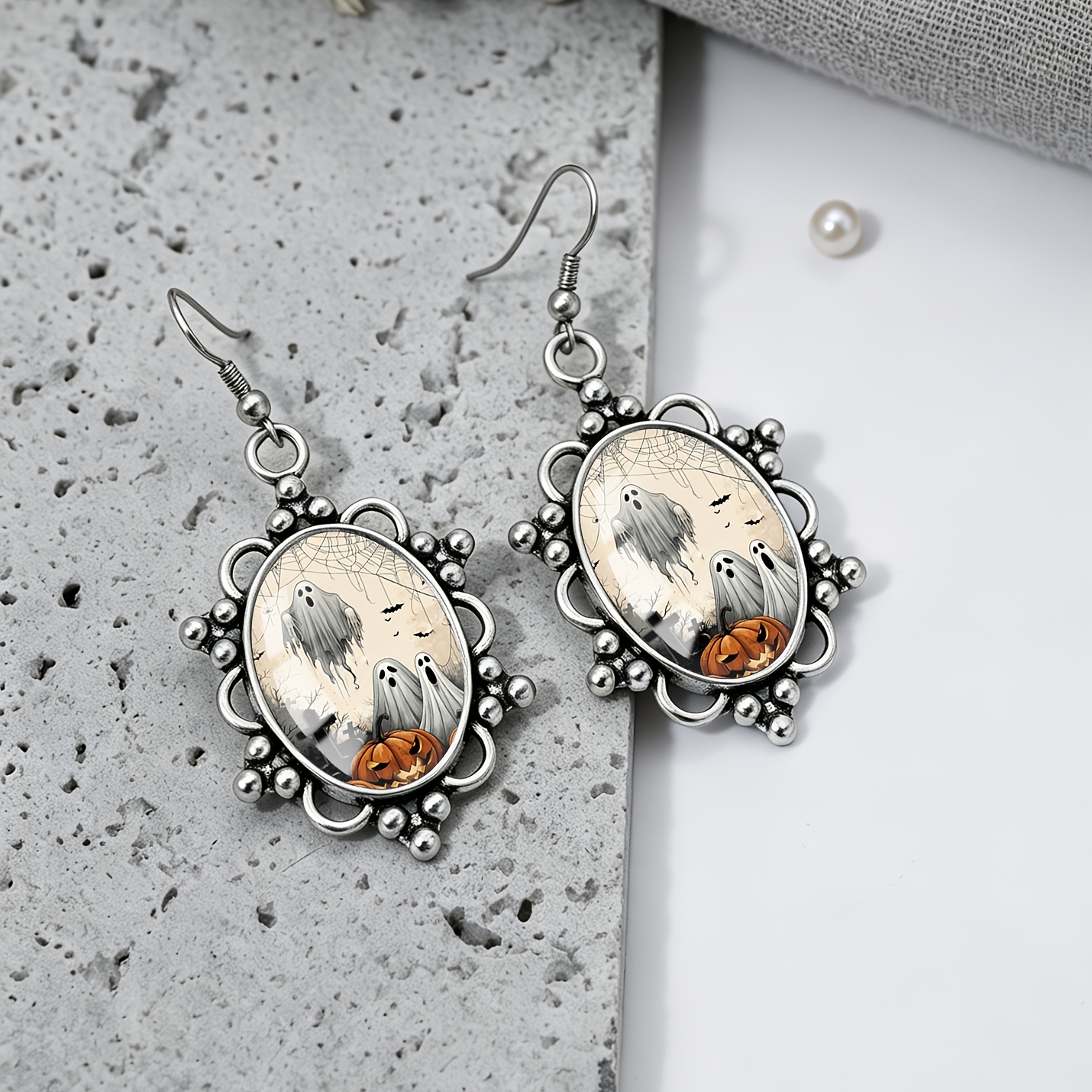 Unisex Ghostly Spiderweb Pattern Oval Earrings