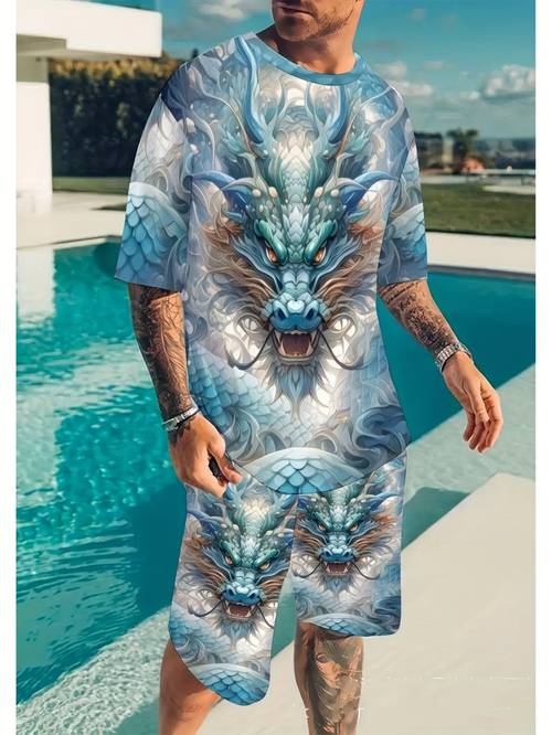 mens t shirt and shorts set trendy style teal dragon pattern suitable for parties and casual wear