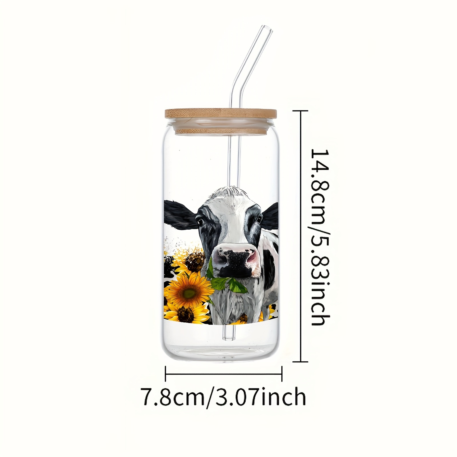 TEMU Hand Wash Only 16oz Glass Cup With 3d Cow And Sunflower Print, Reusable Multipurpose Beverage Jar With Bamboo Lid And Straw For Iced Coffee, Juice, Birthday, Holiday, New Year Gift - Set Of 1