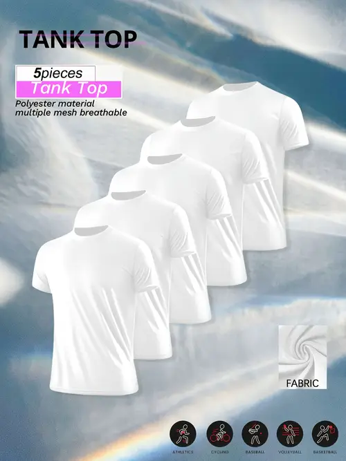 5pcs of mens round neck quick drying and white t shirts comfortable and sweat absorbent suitable for wearing during sports and fitness in multiple sizes from s to 3xl for