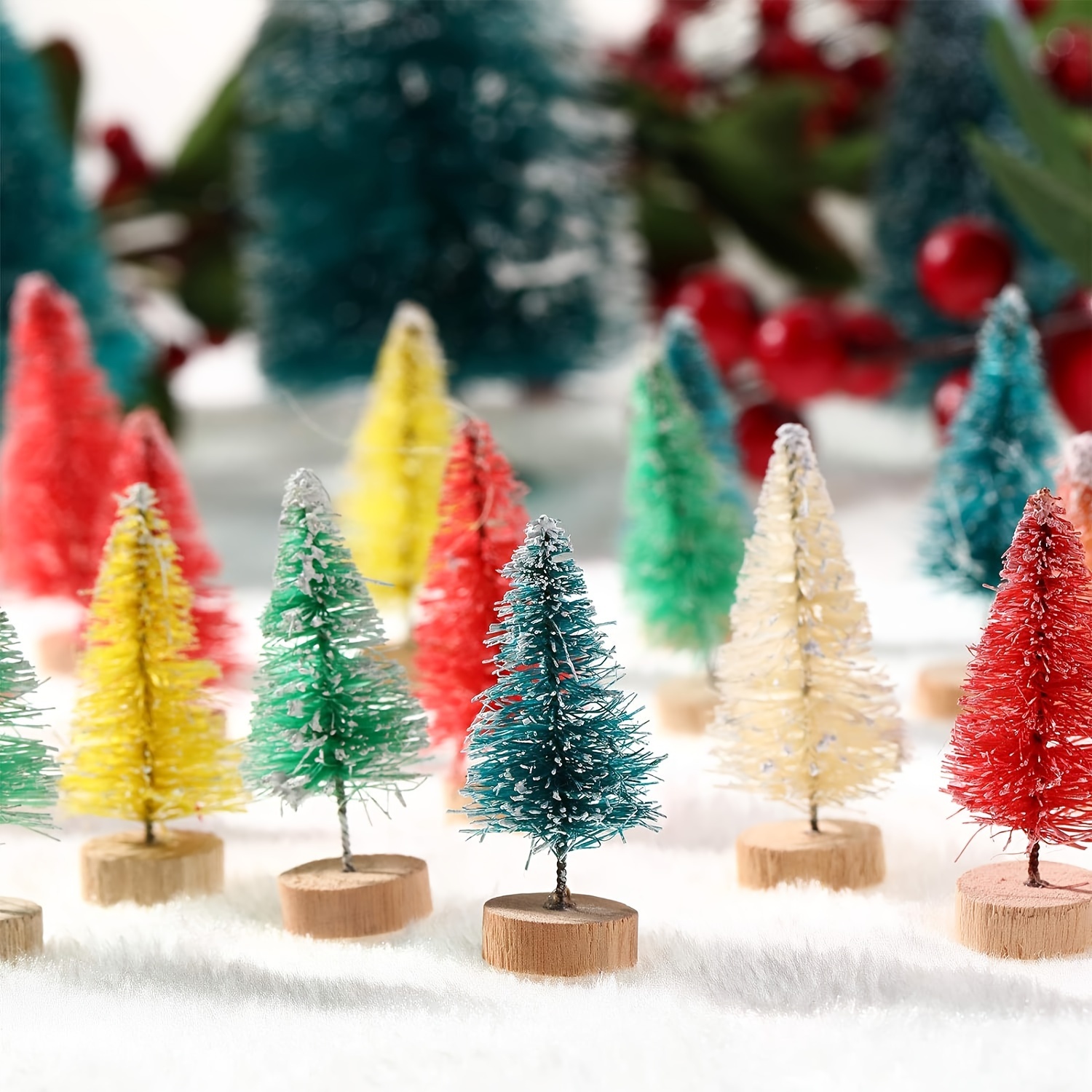 

24-pack Mini Artificial Christmas Trees With Wooden Base - Non-electric, Tabletop Bottle Brush Trees For Diy Crafts And Holiday Home Decor, 1.8" Frosted Snow Detail, Multicolor Assortment