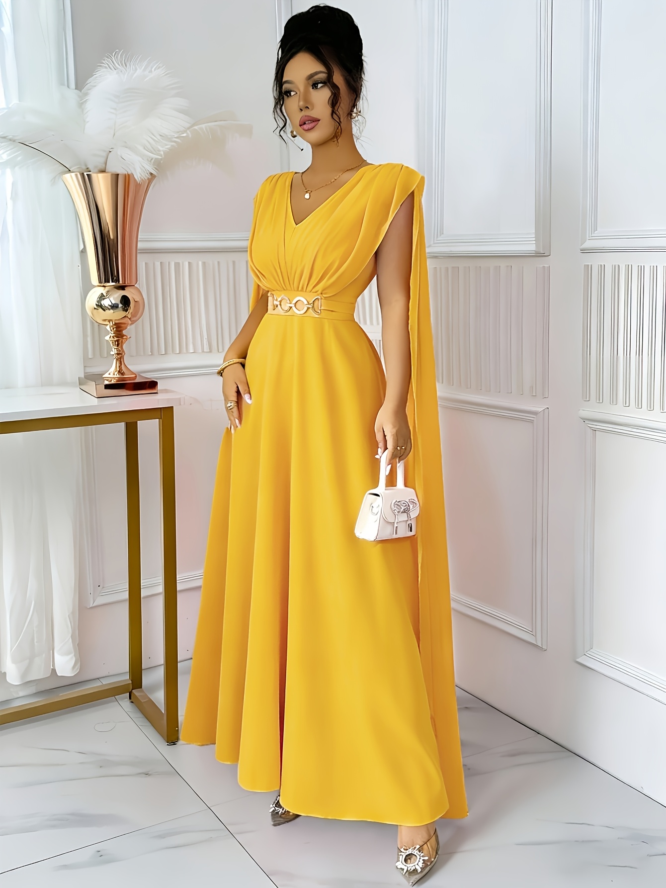 Nouveau robe plissée pour femmes, ceinture avec boucle décorative, design plissé à la taille, coupe trapèze à manches bouffantes en mousseline de soie, élégante et généreuse, idéale pour les mariages, les fêtes et les occasions décontractées