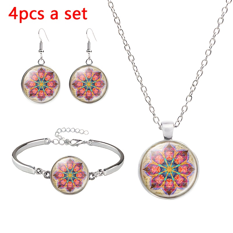 4pcs Creative Art Glass Ornaments Jewelry Set, Floral Pattern