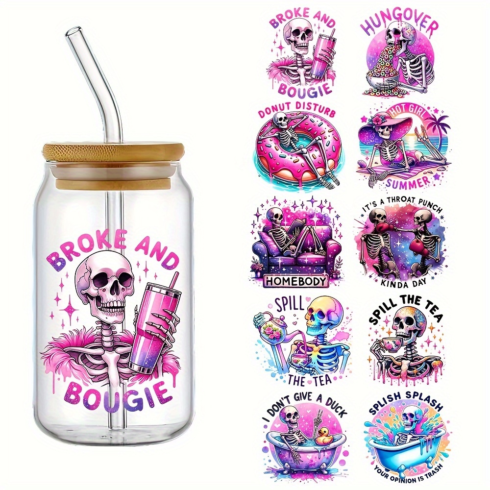 

5pcs Funny Summer Skeleton Diy Decals, Dtf Transfer Sticker For 16oz Package, Trendy Funny Cup Bottle Wrap, Durable Waterproof 3d Crystal Label (4.3"x9.4")