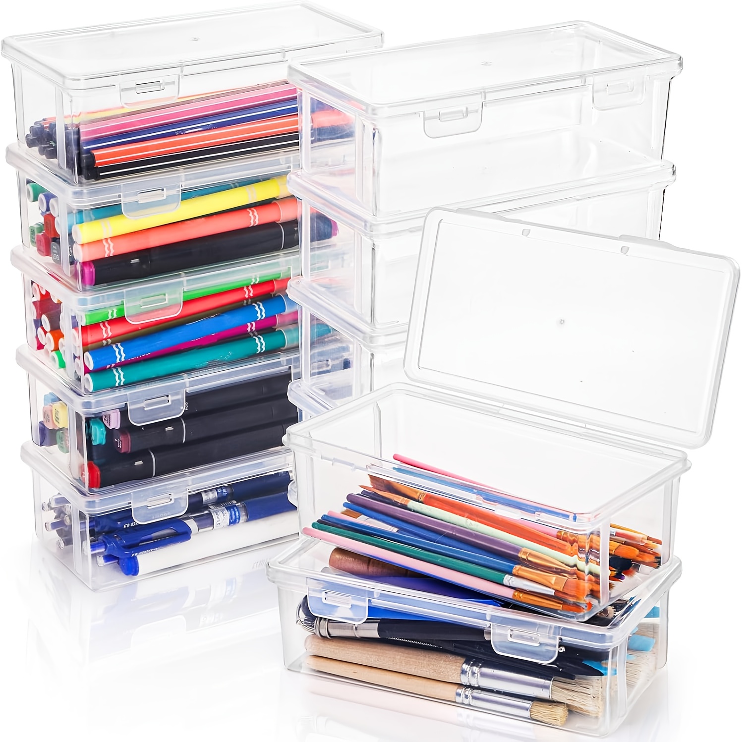 TEMU 12pcs Étui à crayons transparent, Petit étui à crayons en plastique avec couvercle, Boîte de rangement, empilable en vrac, Organisateur de