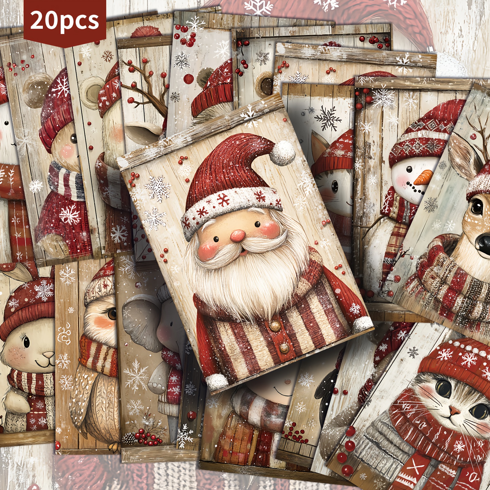 Image of Set Of 20 Retro Santa Claus And Adorable Animal-themed Christmas Postcards, Measuring 4x6 Inches. Vintage-style Feature Classic Pinup Art And Are Perfect For Scrapbooking And Crafting