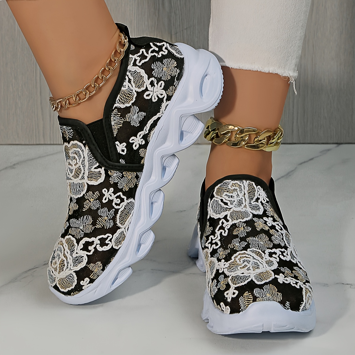 TEMU Women' Floral Embroidered Sneakers With Lace- - Casual Slip-on , Comfortable Walking Shoes|elegant Footwear|durable Footwear