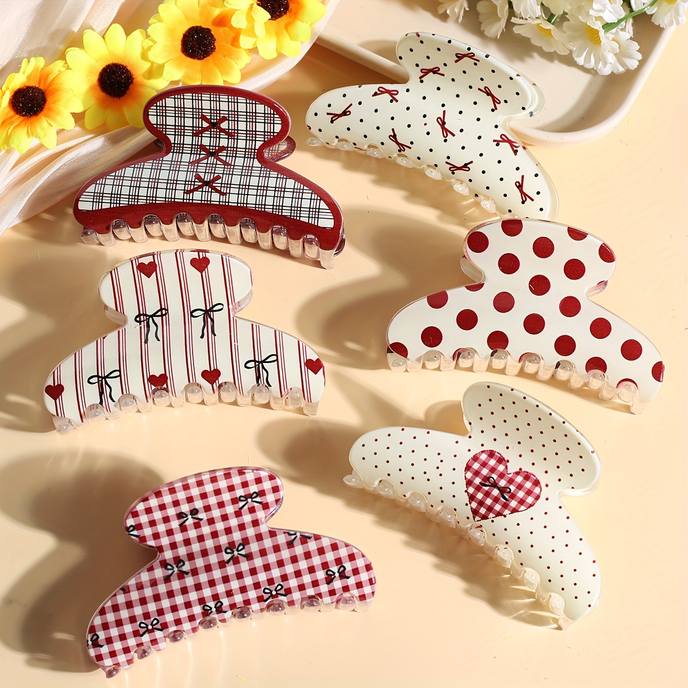 6pcs spring and   bow love heart print hair claw clip   literary college style hair clip   clip hair additions suitable for home daily   driving