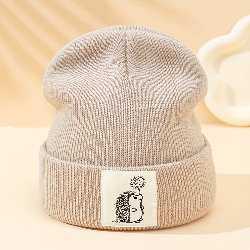 Image of A Stylish Fabric-labeled Hedgehog Knit Hat, Unisex For Autumn And Winter, Holiday Party Hip-hop Beanie, Outdoor Casual Pullover Cap, Men's Hip-hop Street Casual Beanie Hat