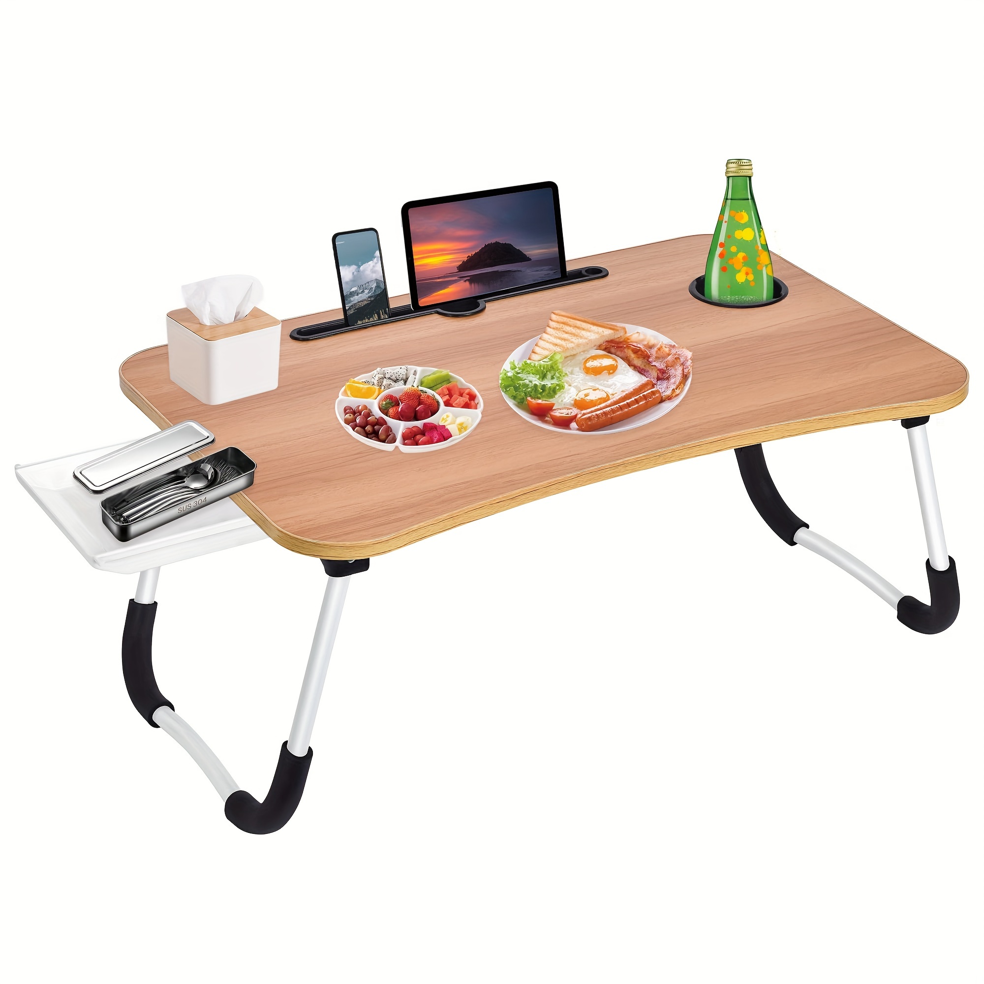 

Laptop Rollaway Bed Table, Foldable Lap Table With Cup Holder, Drawer, Tablet Stand Laptop Bed Tray Table, Portable Lap Table With Foldable Legs For Working, Eating, Reading And Writing