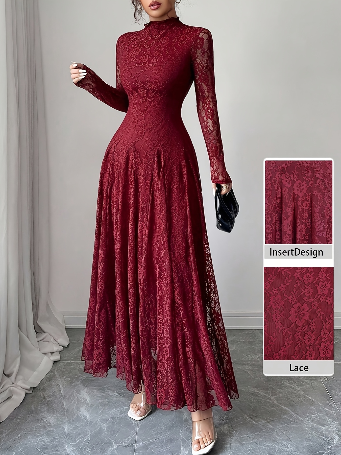 Women's Elegant Special Edition Lace Panel Evening Gown - High Neck Long  Sleeve Mermaid Dress with Train, Full for Weddings * & * - Machine Washable  Formal Attire