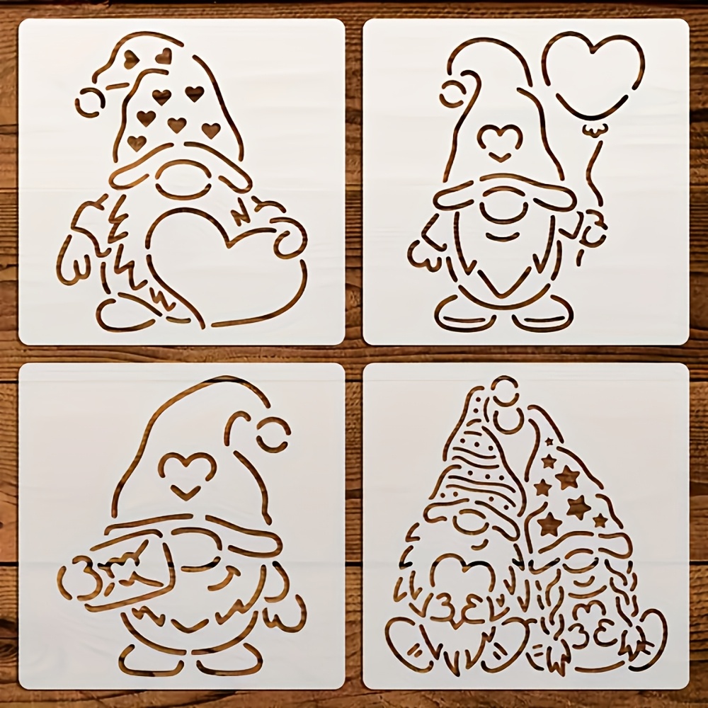Image of A Set Of 4 Gnome Stencil Templates That Are Washable, Flexible, And Reusable For Painting On Paper, Fabric, Furniture, Scrapbooking, Skateboards, Embossing, Crafts, , Card Making, And Paper Art
