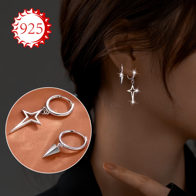 

[1 Pair 925 Sterling Silver Asymmetrical Star Dangle Earrings] 1 Pair Elegant 925 , Hypoallergenic Asymmetrical Star Dangle Earrings, White Golden Plated, Lightweight 2.2g, & , Christmas Gift Idea