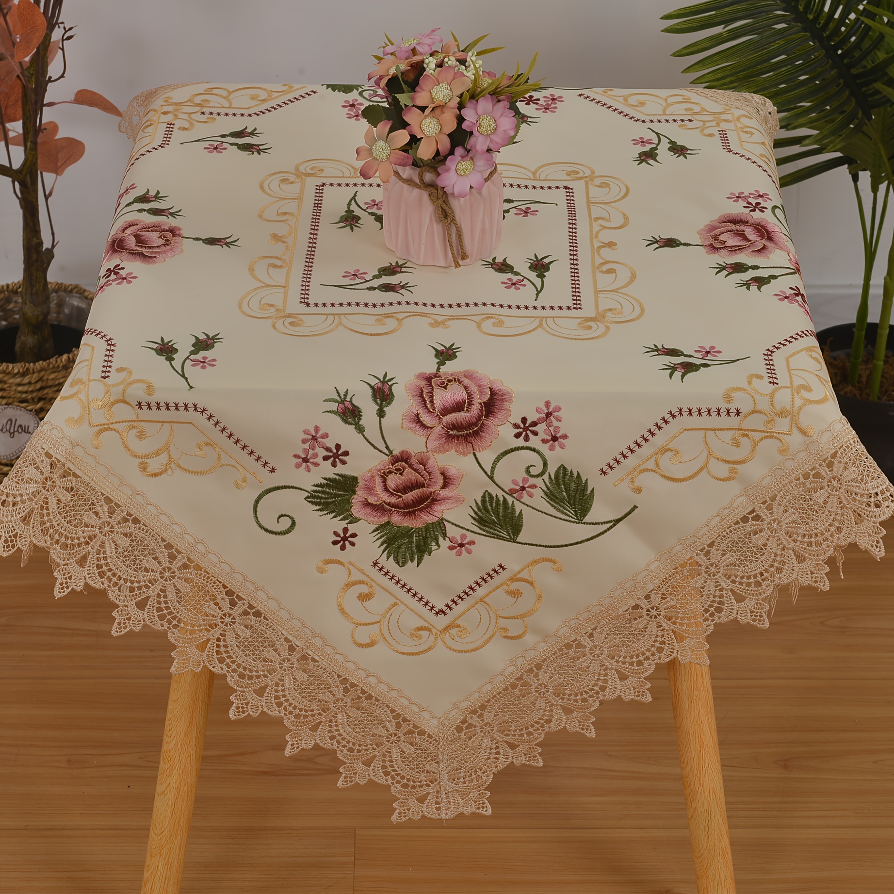 Image of 1pc Floral Embroidered Tablecloth With Lace, Traditional Style, 100% Polyester, Size: 85 X 85cm, Square Shape, Embroidered Tablecloth For Parties, Celebrations, Holidays, And Daily Life