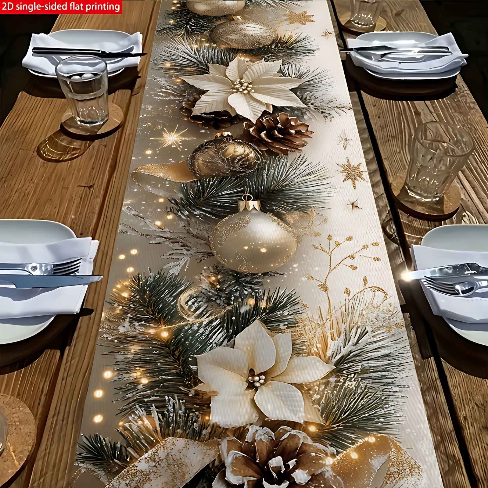 TEMU Table Runner, 1pc Pack, 2d Flat Printing, Polyester Material, Pine Branch White Star Printed Pattern, Suitable For Christmas New Year Holiday