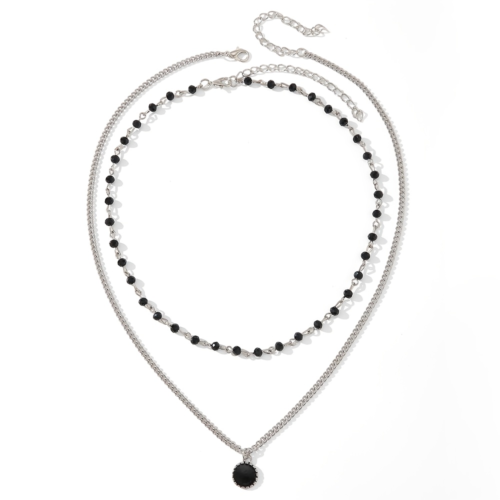 TEMU 2 piezas/juego de collar con colgante de vidrio con incrustaciones de aleación y cadena de cuentas negras de estilo fácil de usar y moderno,