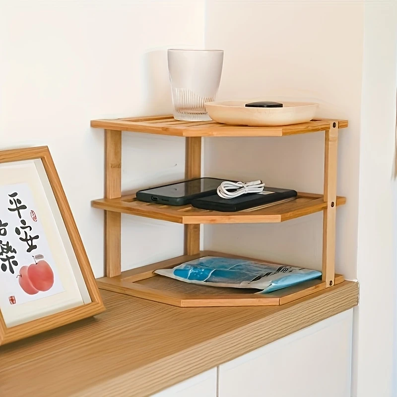 2 tier bamboo desktop organizer shelf for office supplies kitchen spices and home decor multi layer storage rack with natural cosmetics jars and small items office accessory holder triangular shape design polished drawer organizer details 2