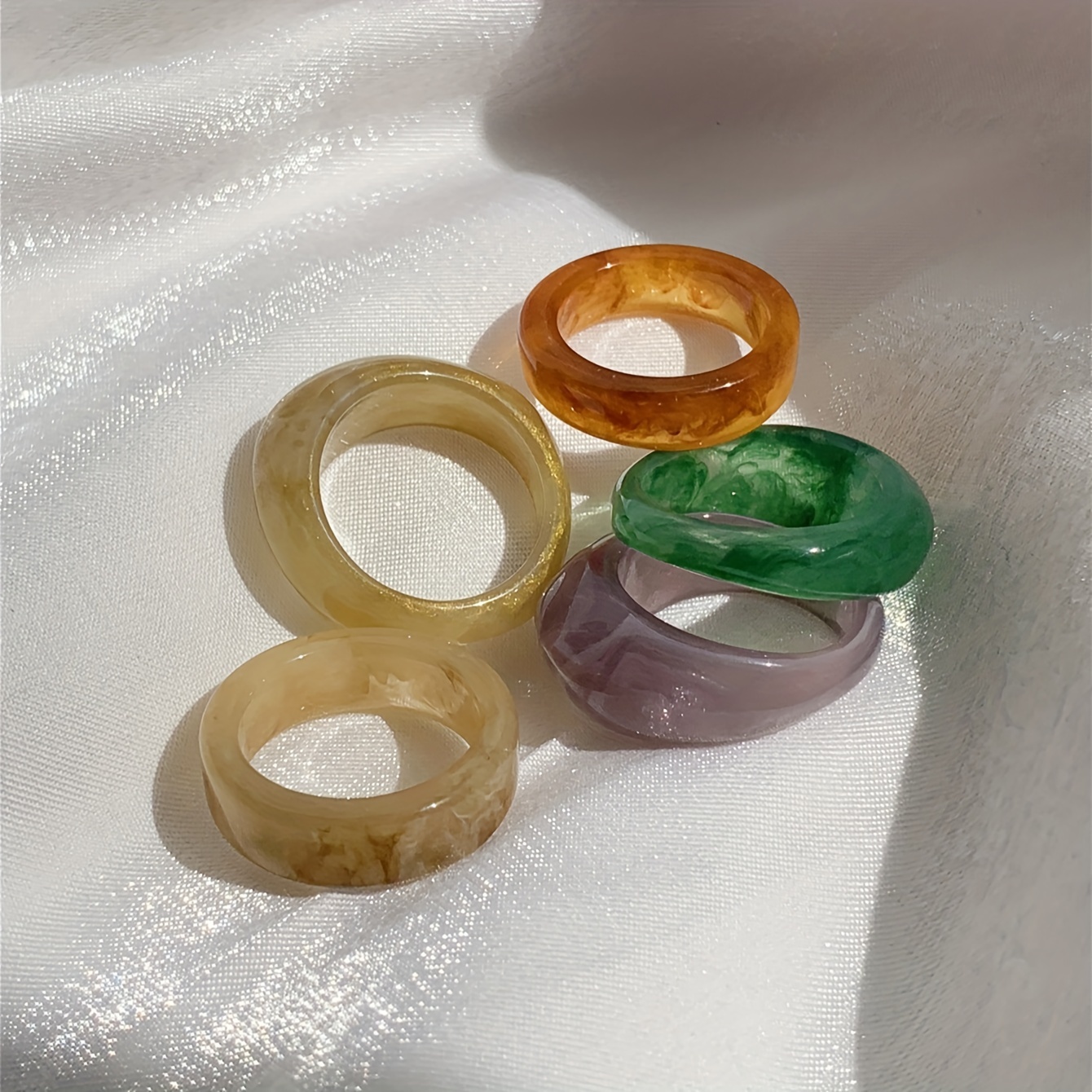 TEMU Boho Chic 5-piece Resin Ring Set - Handcrafted , Women's Elegant Stackable Rings For Daily & Vacation Wear, Valentine's Day Gift, For All