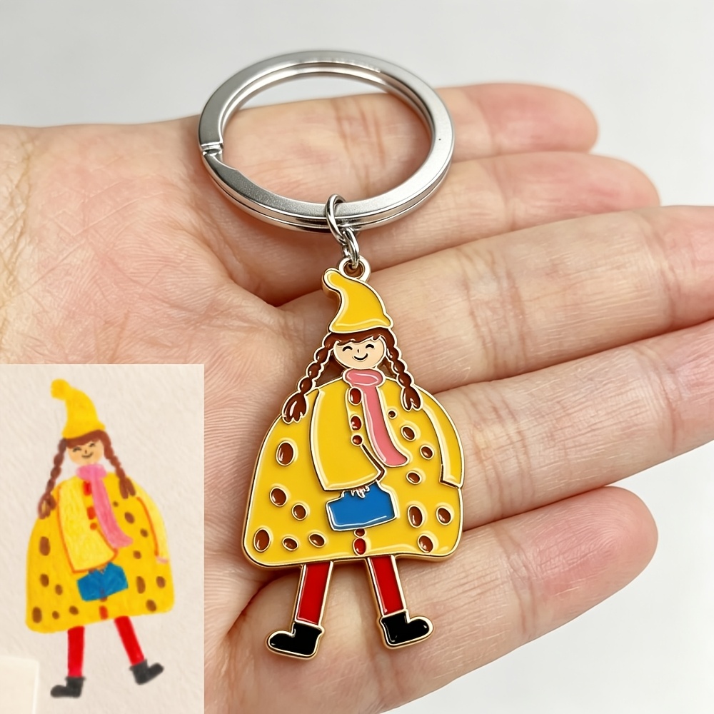 TEMU Custom Real Painting Photo Keychain, Stainless Steel Cute Cartoon Hand-drawn Artwork Key Chain, Personalized Colorful Sketch Drawing Key Ring,