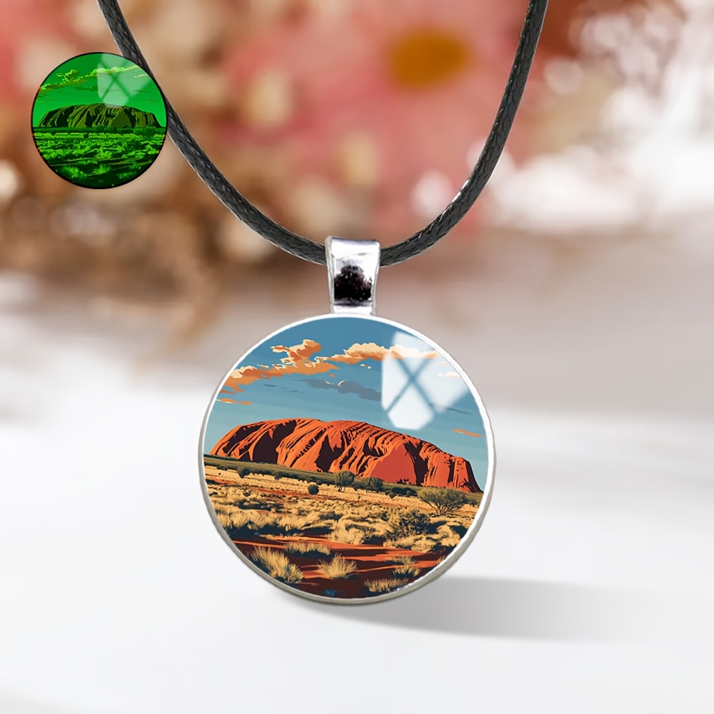 TEMU Round-framed Australian Rock Painting Pendant Necklace, Fluorescent And Luminous Styles, Alloy Material With Glass Inlay, A Cute And Fashionable