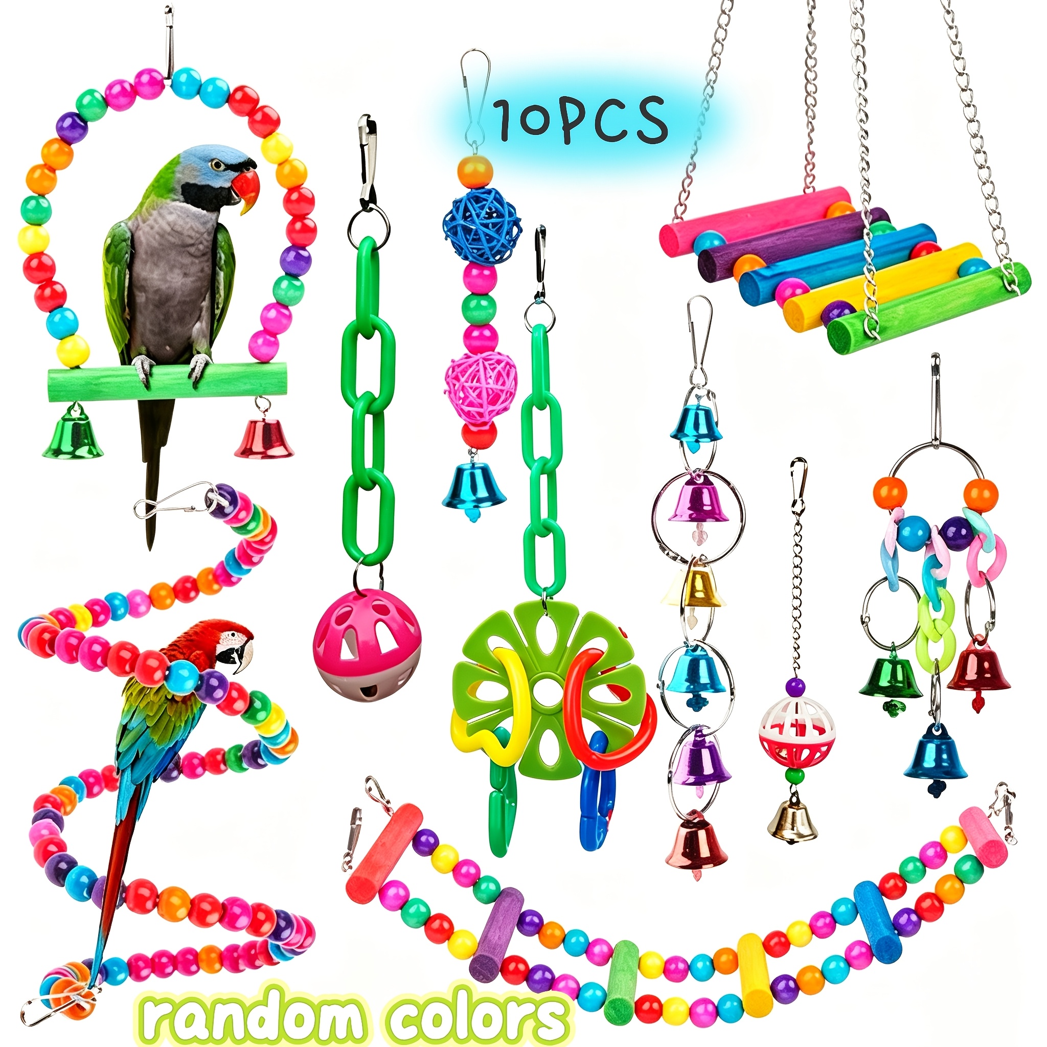 TEMU 10pcs Bird Cage Suspended Play Kit, Vibrant Bead Rings, Chain Links, Bell Pendants And Hollow Balls, Enrichment Gear For Parrots To , Peck And