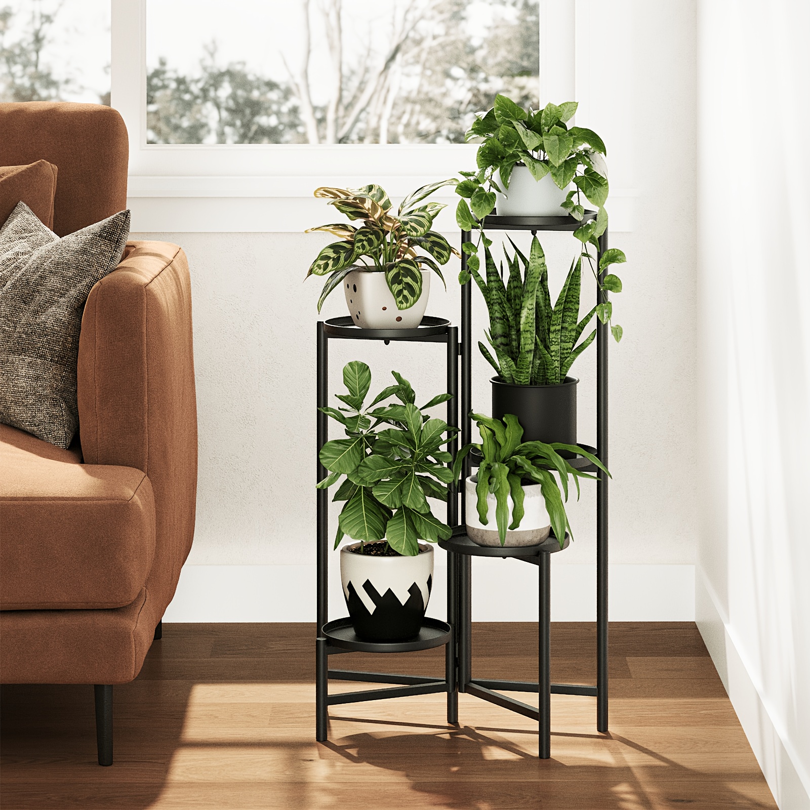 Image of Bamworld 5 Tier Foldable Metal Plant Stand, A Corner Tiered Heavy Duty Plant Shelf Suitable For Indoor And Outdoor Use, Ideal For Patio, Garden, Balcony, Living Room, And Bedroom