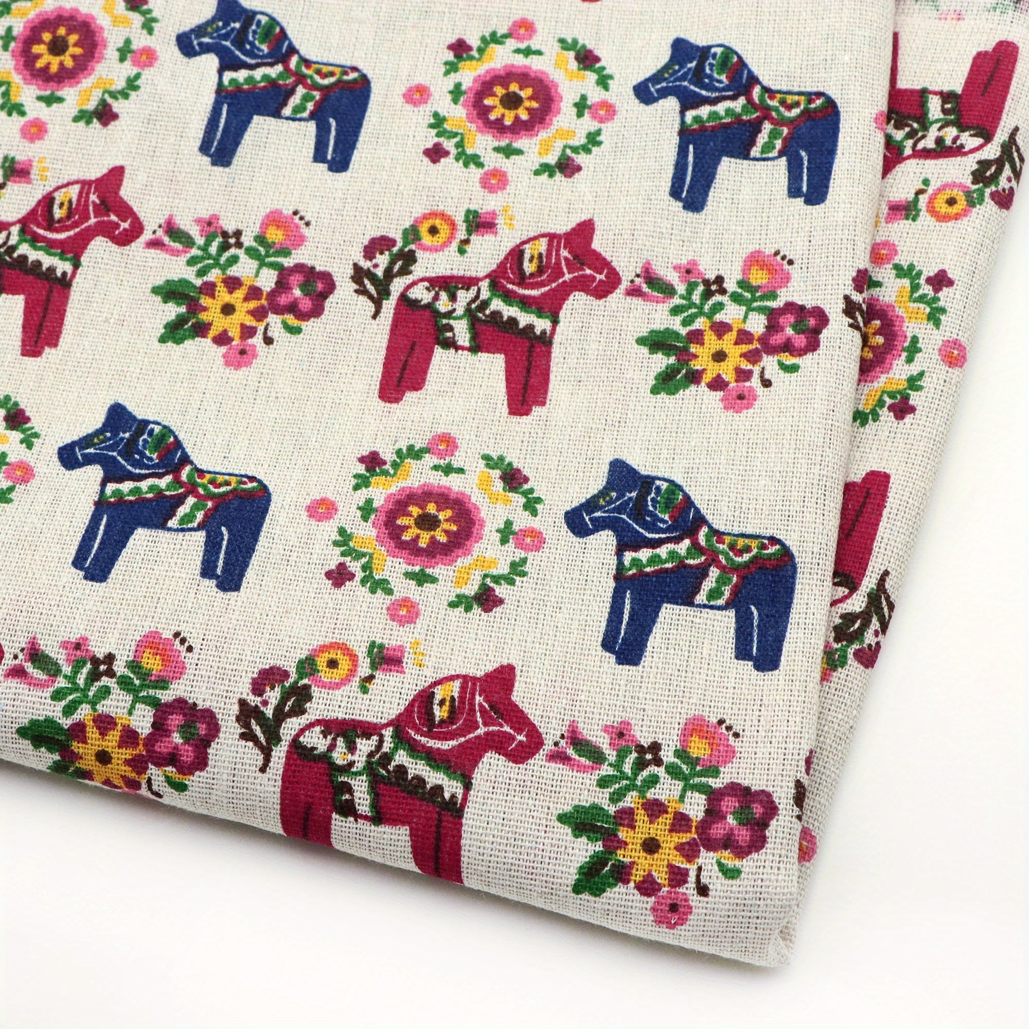 E-shop Dala Pferd und florales Leinenstoff mit Druck, 150x50 cm vorgeschnittenes Stoffblatt, für Tischdecken, Kissenbezüge und dekorative