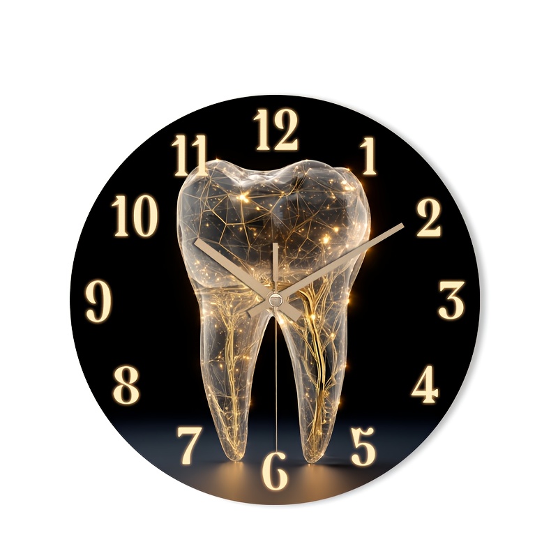 TEMU 1pc Silent Wall Clock Non-ticking Wooden, Decorative Circular Clock Hd Glossy Lamination Finish Glowing Tooth With Clock For Kitchen, Home