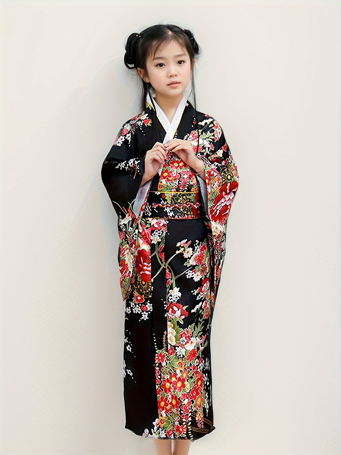 3pcs set of girls floral japanese kimono with traditional sleeves clothing waistband back pillow cultural elegant suit holiday gift