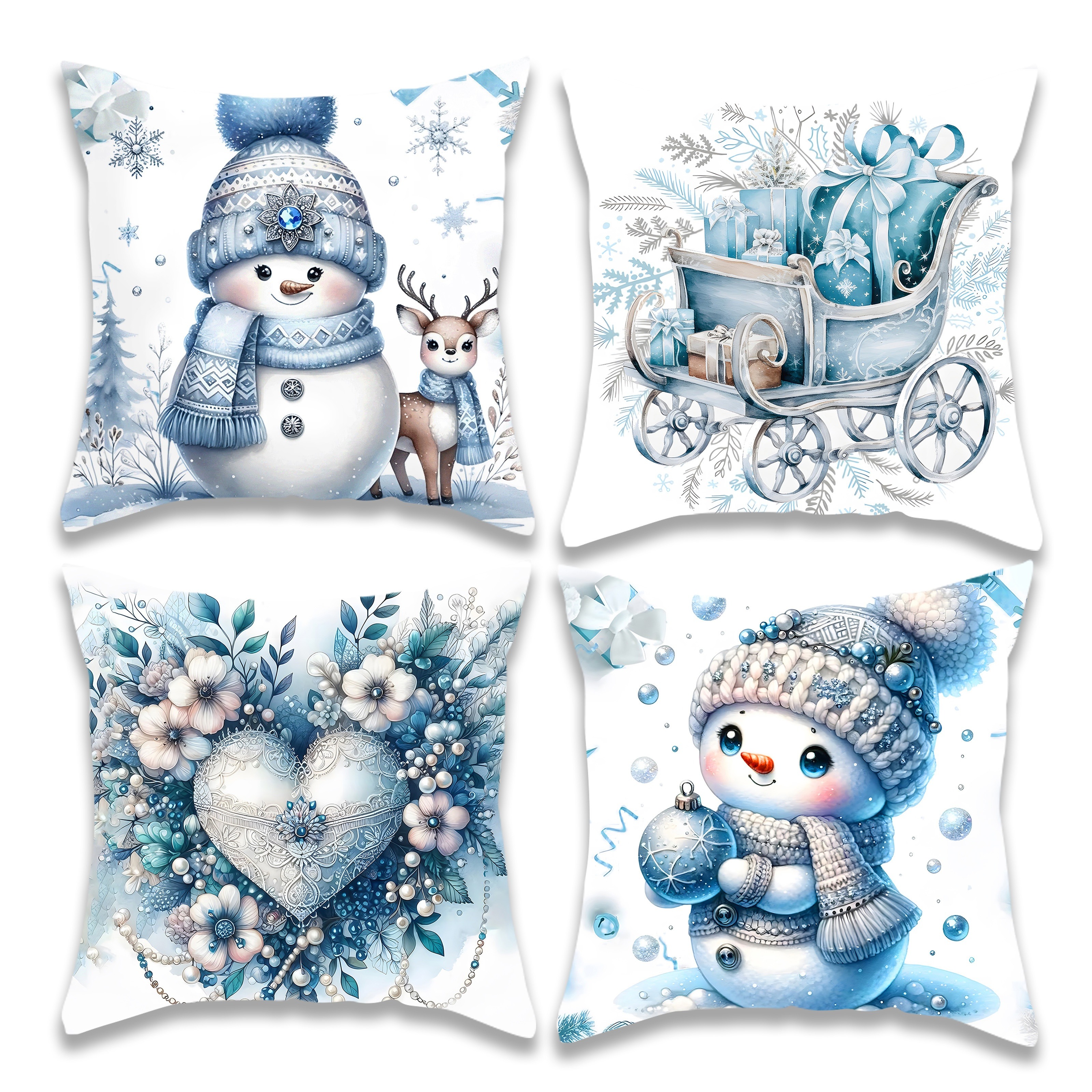 

4pcs Christmas Throw Pillow Covers Set - Snowman, Reindeer & Design In , 18x18 Inches - Living Room Sofa And Bed Decor, Machine Washable