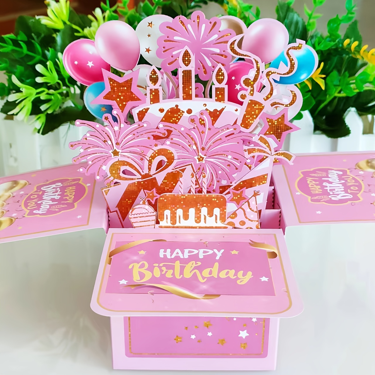 

Teaspring 3d Pop-up Birthday Card With Envelope - Vibrant Pink & Blue, Hot Air Balloon & Cake Design, Laser-cut For Men And Women - Includes '' Envelope