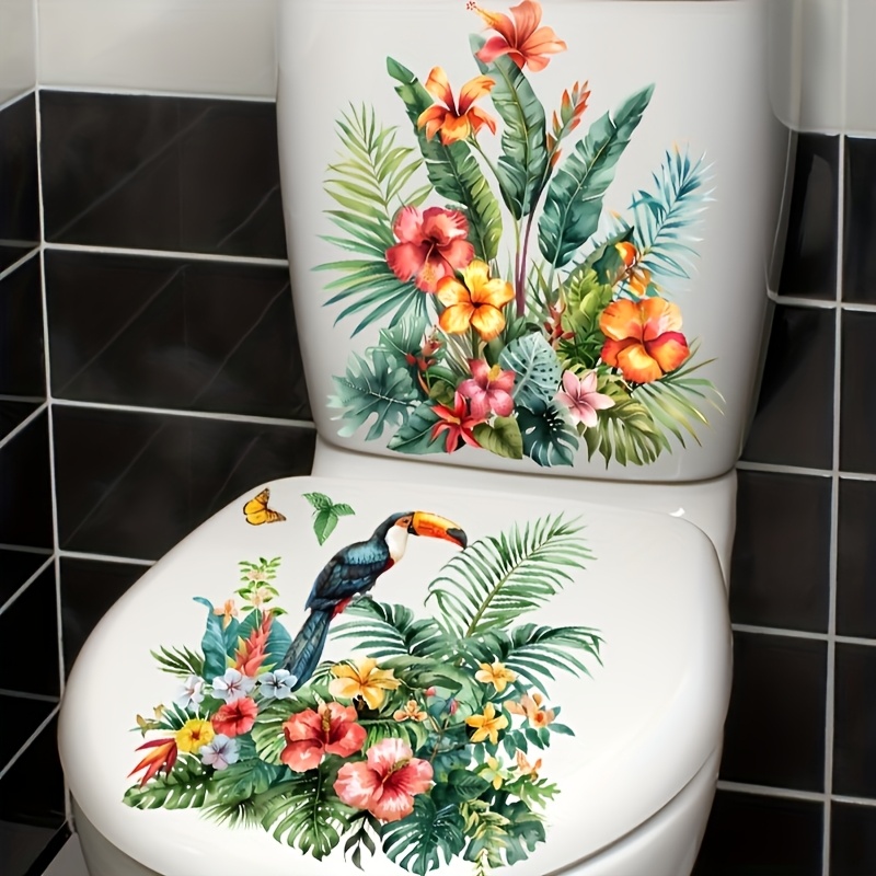 

2pcs Of Green Floral And Cute Toilet Seat Stickers Self-adhesive Pvc Material, Suitable For Toilet And Stickers.
