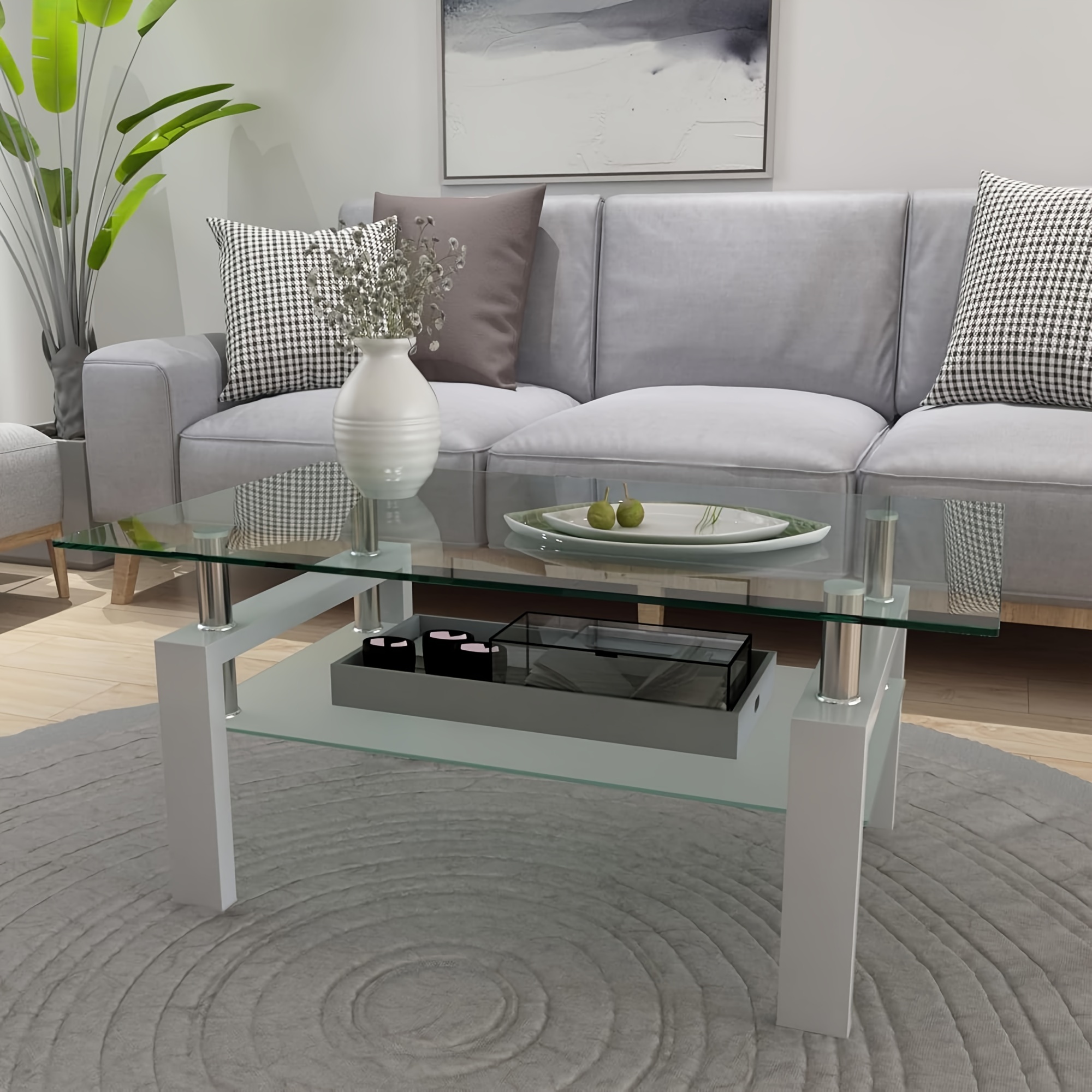 

Coffee Table With Metal Tube Legs, Glass And Rectangle End Table For Livingroom (white)