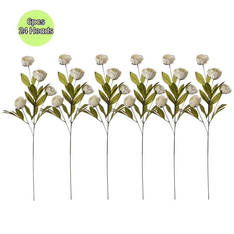 TEMU 6pcs Faux Peony Artificial Flowers 27 Inch, 24 Heads Fake Peony Branches With Stems For Vase, Bouquet Centerpieces Wedding Arrangements Home