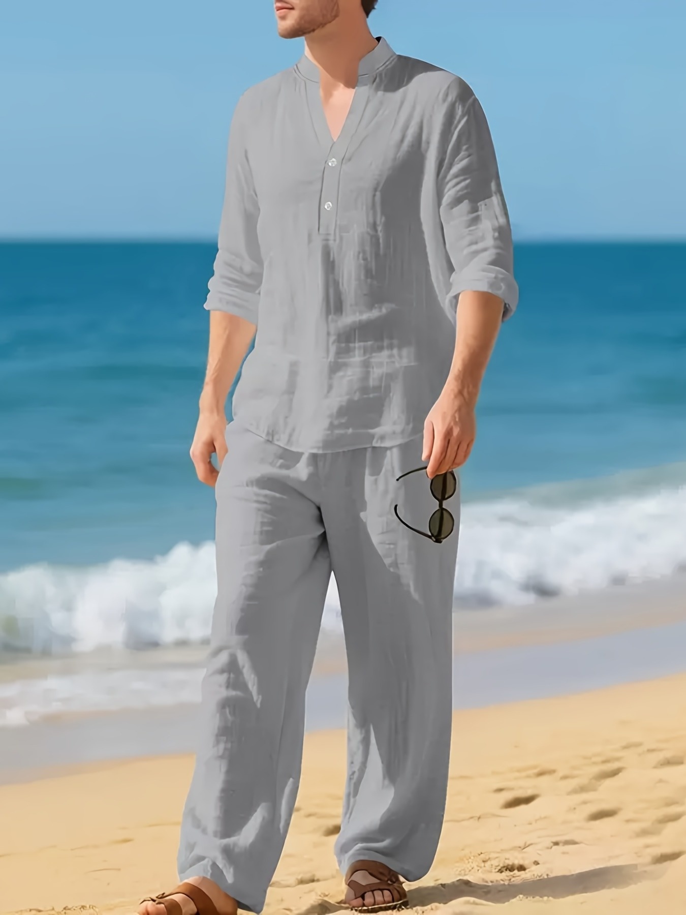 cross border new mens linen casual loose long sleeved v neck breathable long pants set for spring summer autumn and winter