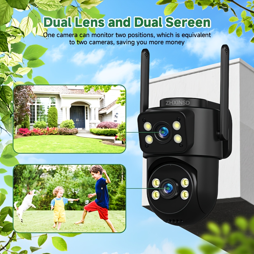 1080P Wireless Outdoor Security Camera, Dual Lens, Color Night Vision, App Control, USB Charging, Pan-Tilt, Motion Detection, Two-Way Audio, No Battery, 2.4G/5G WiFi Camera, Easy Installation, Outdoor Security Camera