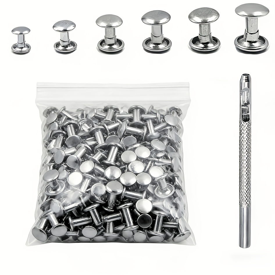 TEMU 100 Set Of Rivets 1 Tool-6x6mm Metal Rivets, Round Leather Accessories Repair: Shoes, Bags, Belts, Clothing And Clothing- Sizes Of Silvery