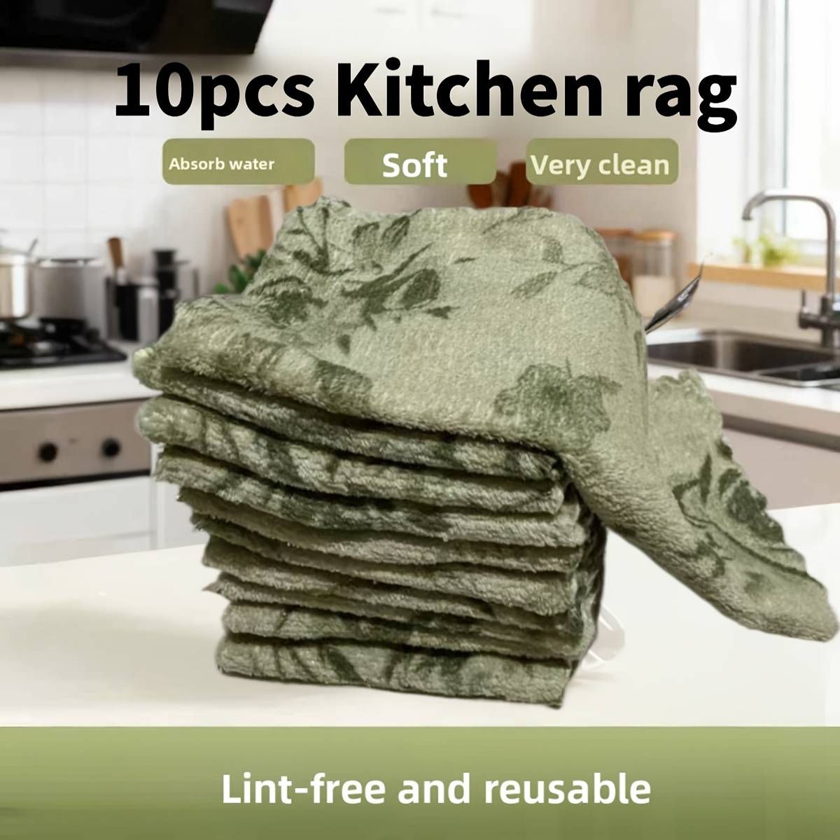 TEMU 10pcs Kitchen Dish Cloth Cleaning Towel Coral Material Green Rose Pattern Wash Wipe Table Countertop Stove Sink Home Use Soft Thick Lint Reuse Holiday