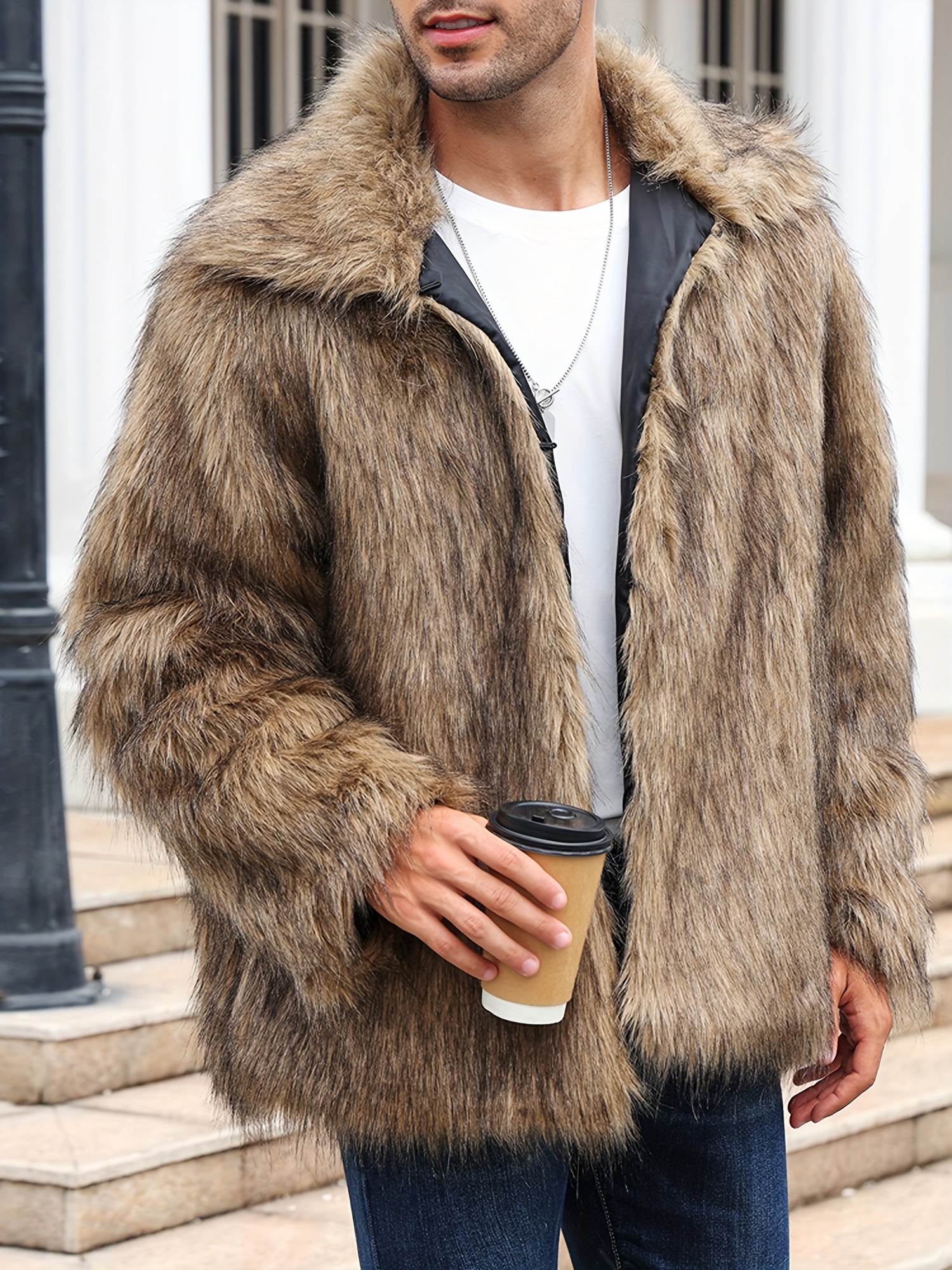 mens furry coat winter no closure flowy trench coat warm Temu