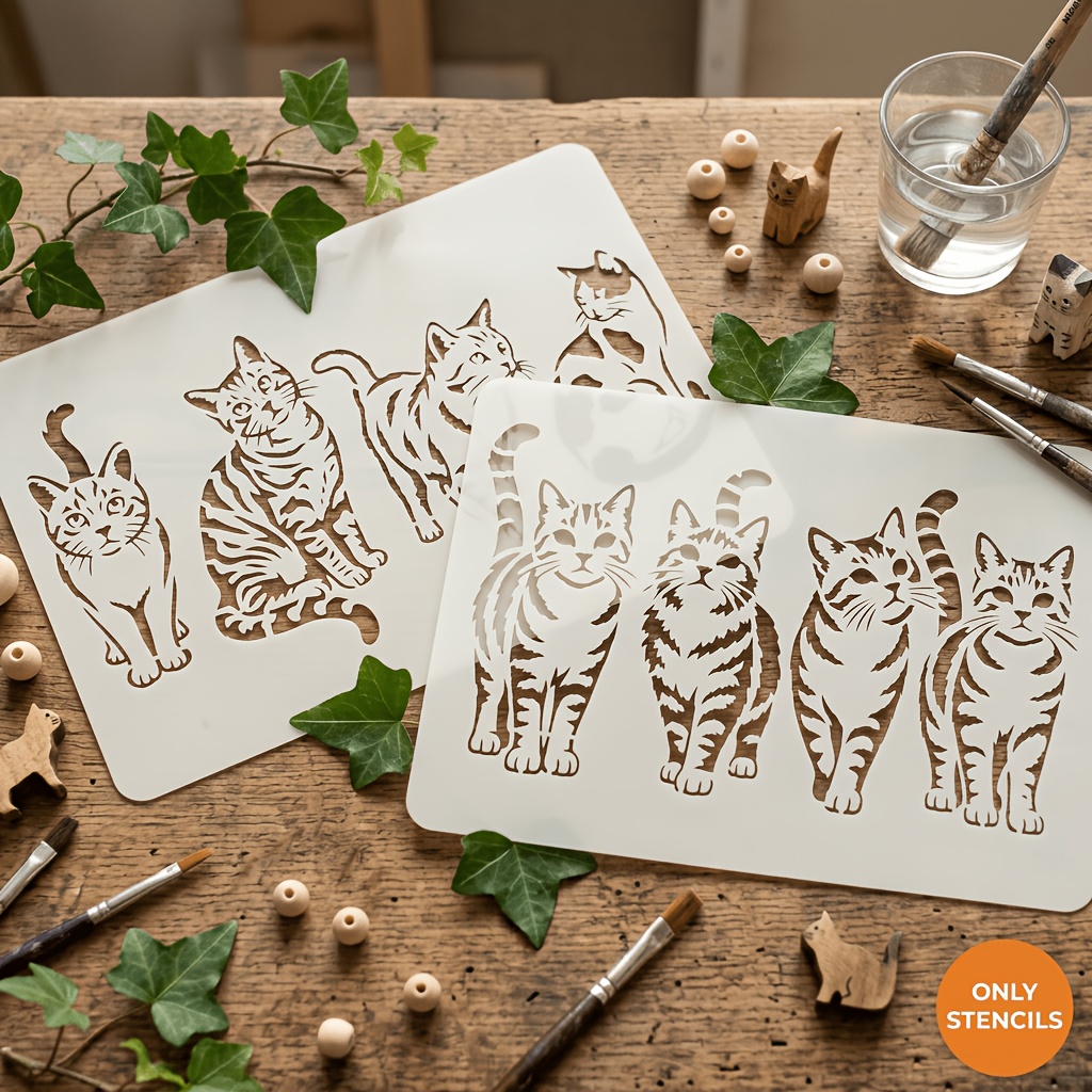 TEMU Cat Silhouette Hollow Template 2pcs Set Reusable Animal Theme Painting Template Suitable For Wall Art, Fabric, Canvas, Scrapbook, Card Making,