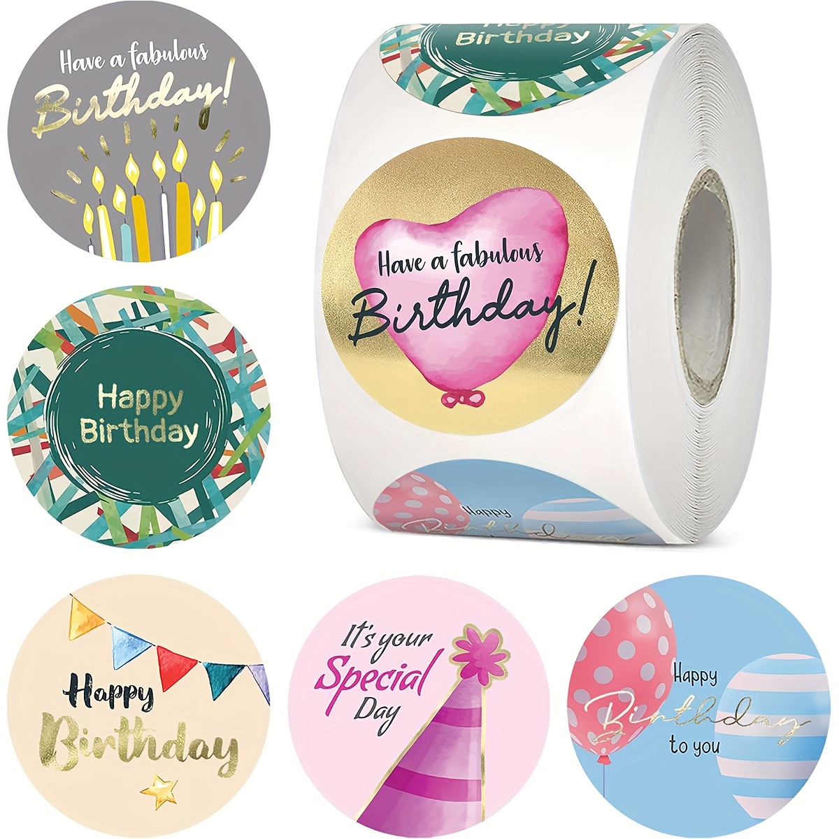 500 Stickers/roll Happy Birthday Balloon Self-adhesive Stickers Suitable For Gift Banner Label Sealing Stickers Card Box Party Decoration Pvc Self-adhesive Sealing Stickers