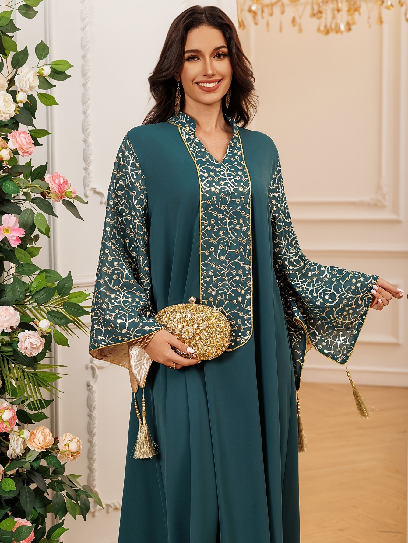 green emerald velvet dress Serena Hand-Sewn Diamond Abaya Set main image 0