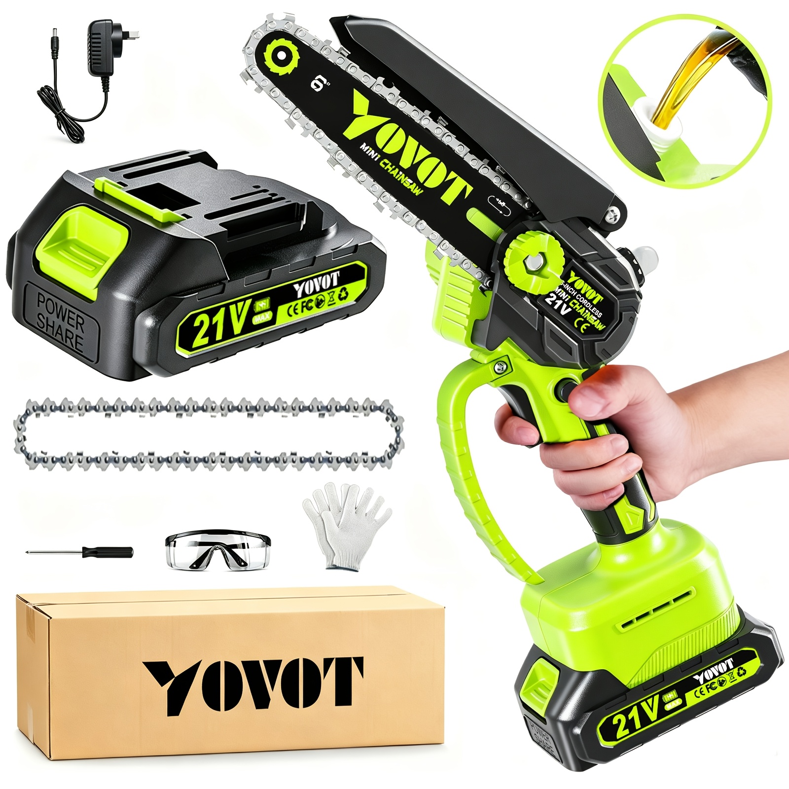 TEMU 21v 2-in-1 6-inch Mini Chainsaw And Electric Pole Saw, 2 Batteries Version/ 6" Mini Chainsaw (1 Battery), For Tree Trimming, Pruning, And Wood