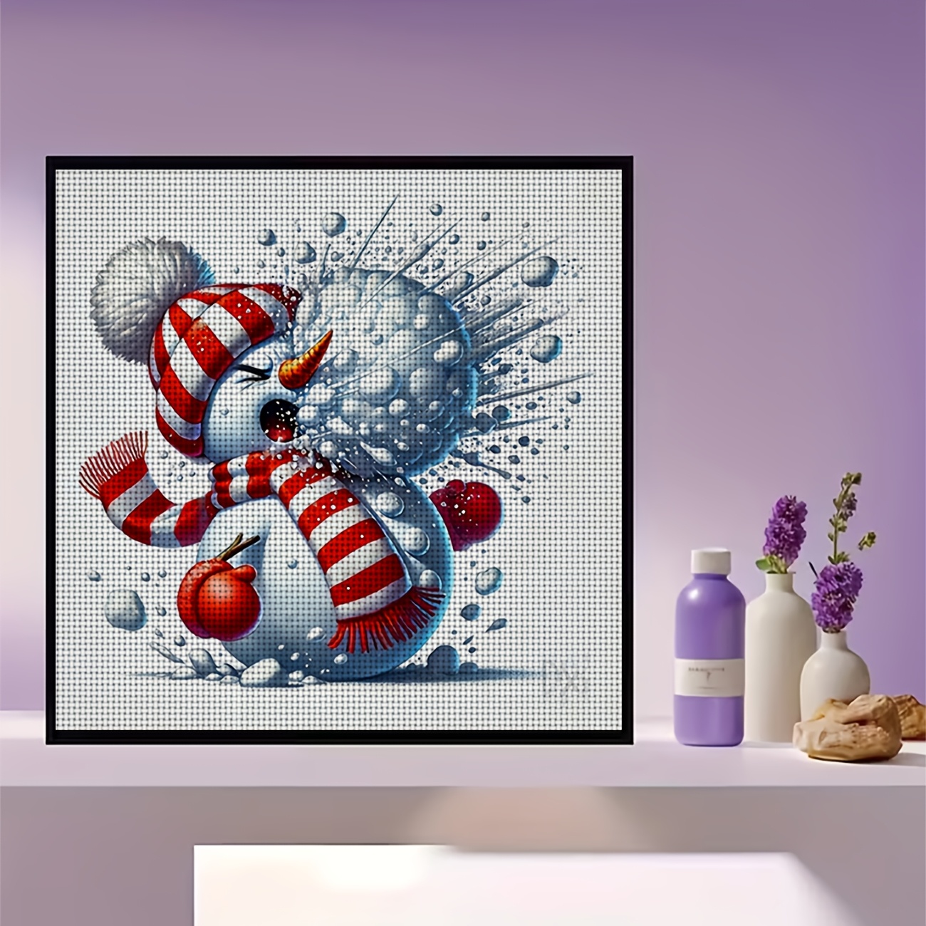 Cross Stitch Printed Kit, Frameless Snowman Design for Beginners