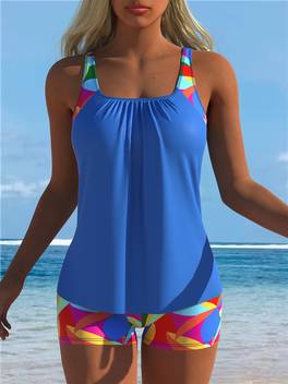 costume da bagno donna con stampa blu - blu e , tessuto elasticizzato in poliestere/spandex, top a con design arricciato e shorts a vita , lavabile in lavatrice, per labbigliamento casual da spiaggia