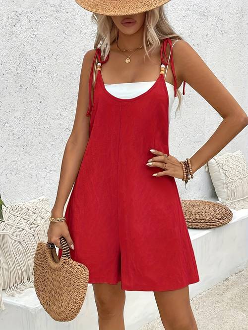 1pc of stylish sleeveless jumpsuit for from high quality material spring and summer vacations or casual features beaded accents designed with shoulder straps ideal for summer wear trendy womens apparel
