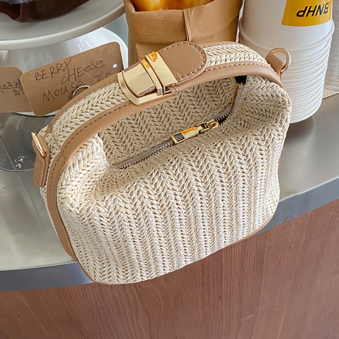 

Chic Straw Woven Crossbody Bag For Women - Shoulder Handbag With Detachable Strap, Beach Vacations & Casual , Ivory