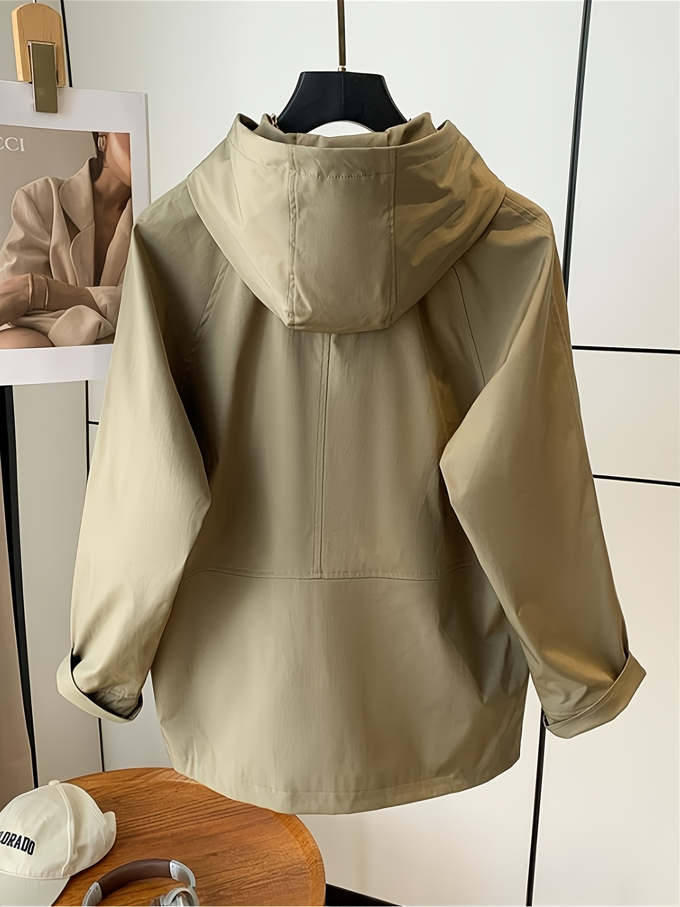 Women's Casual Barn Style Hooded Jacket Lightweight Windproof Spring/Fall  Coat with Front Pockets, Machine Washable Solid Color Outerwear for Casual